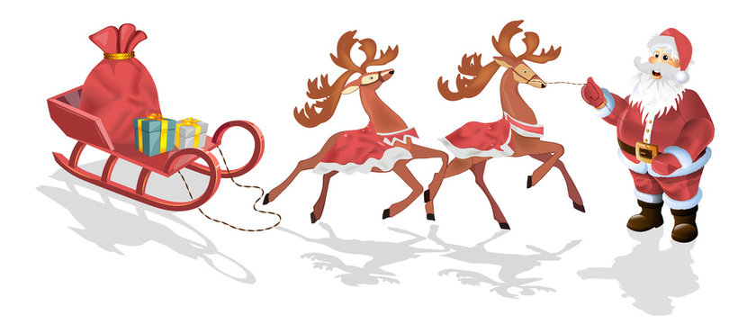 Santa Claus with sledge, deers and Christmas presents