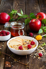 Granola, apples, raspberries,