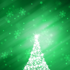 Illustrated snowflake Christmas tree with sparkle and beautiful bright and shiny green color background with blurry snowflake. Christmas Holiday illustration copy space background.