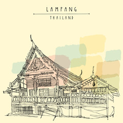 A temple building in Lampang. Hand drawn postcard