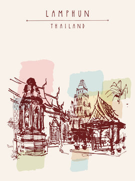 Old buddhist temple in Lamphun, Thailand - hand drawn postcard