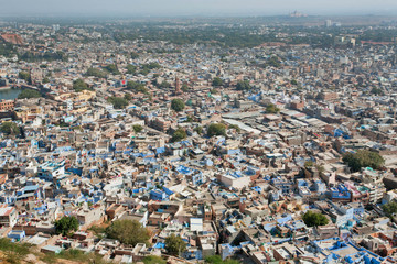 City landscape with brick blue houses in Rajasthan