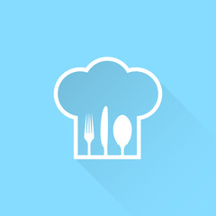 Chef hat with fork, spoon and knife inside.