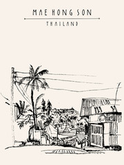 Mae Hong Son Thailand hand drawn artistic vintage postcard