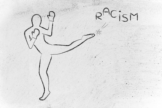 person kicking and boxing the word racism