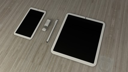 tablet phone and usb device on desk