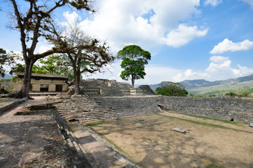 Structures of Eastern court at Copan archaeological site of Maya civilization in Honduras