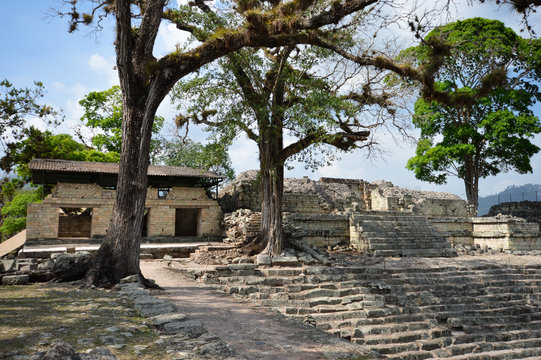 Structures of Eastern court at Copan archaeological site of Maya civilization in Honduras