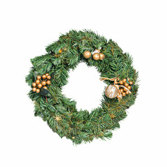 Fototapeta na wymiar green christmas wreath with decorations isolated on white backgr