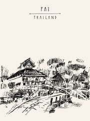 Wooden house in Pai town, Thailand. Black and white hand drawn vintage artistic postcard