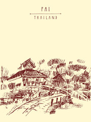 Wooden house in Pai town, Thailand. Hand drawn vintage artistic postcard