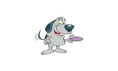 Cartoon illustration of a dog holding a flying disk.