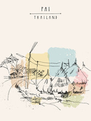 Haystacks in Pai valley, Thailand. Hand drawn vertical vintage artistic postcard