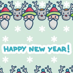 postcard for new year with fanny santa and deer. Vector illustration
