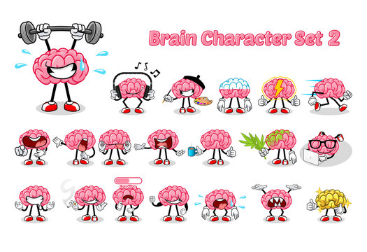 Set of Brain Cartoon Character 2 Vector Illustration