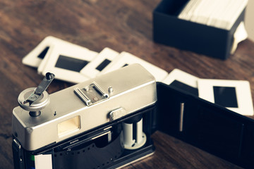 old 35mm camera open with roll inside, vintage