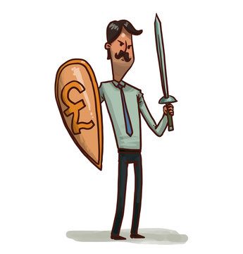Vector cartoon image of a tall man with black hair, mustache in black trousers, white shirt with gray shield, with a yellow pound sign on it, in one and gray sword in other hand on a white background.
