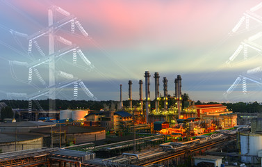 Power line ,power plant , twilight with sunset.