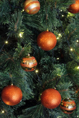Fototapeta na wymiar Orange christmas tree ball decor on tree