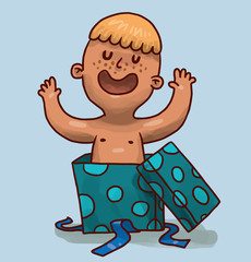 Vector Happy boy in a gift box. Cartoon image of a little cute boy with blond hair sitting in a turquoise polka dot gift box on a light blue background.