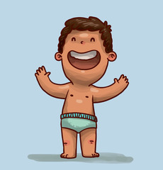 Vector Happy laughing boy. Cartoon image of a cute little boy with dark brown hair in a light blue diaper laughing on a light blue background.