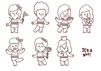 Vector Set of funny girls, line art. Line cartoon image of a seven little cute girls in diapers in different poses on a white background.