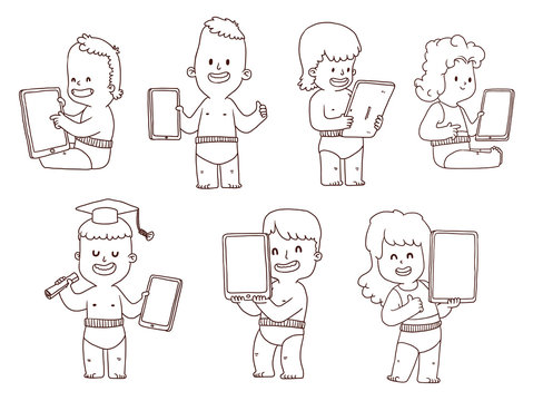 Vector Set of babies with a tablet, line art. Line cartoon image of babies: cute little boys and girls with tablets in their hands on a white background.