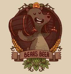 Vector wooden brown round emblem with green hop cones and yellow spikelets with cartoon image of a funny brown bear with two barrels of beer in the center on a light background.