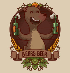 Vector wooden brown round emblem with green hop cones and yellow spikelets with cartoon image of a funny brown bear with two bottles of beer, smiling in the center on a light background.