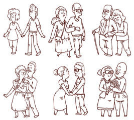 Vector Line happy old couples set. Line cartoon image of happy old couples a different appearance in different poses on a white background.