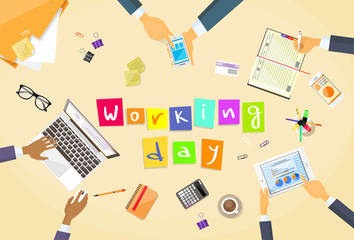 Business People Hands Desk Workplace Team Working Day Concept