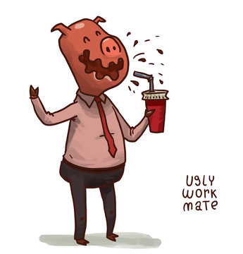 Vector cartoon image of ugly work mate as a pink pig in black trousers, light pink shirt and red tie, sloppy drinking from a red cup with a straw on a white background.