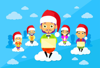 Cartoon Man and Woman New Year Christmas Santa Hat People Group Sitting on Clouds Use Digital Devices