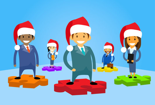 Cartoon Business People Group Standing on Puzzle Piece New Year Christmas Hat Corporate Party