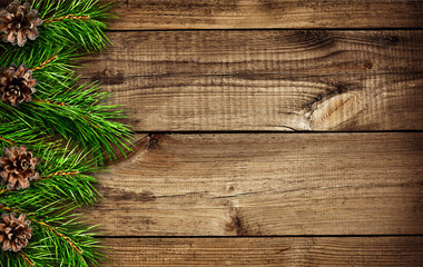 Wooden background with pine tree branches