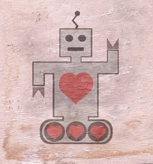robot with heart design with wood grain texture