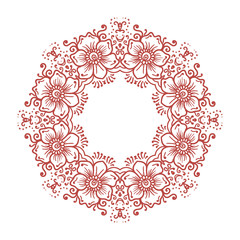 Circular floral ornament Mehndi Henna Tattoo Mandala, Yantra brown. Vintage vector banner frame card for text invitations for wedding birthday celebration, white background indian, ethnic, boho