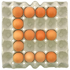 A letter E from the eggs in paper tray