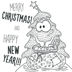 Christmas greeting card: Merry Christmas and New Year.