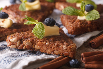 cinnamon toast with blueberries and butter macro. horizontal
