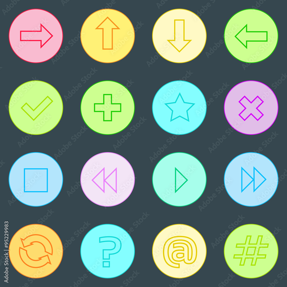 Poster navigation arrow contol thin line simple icons set colorful