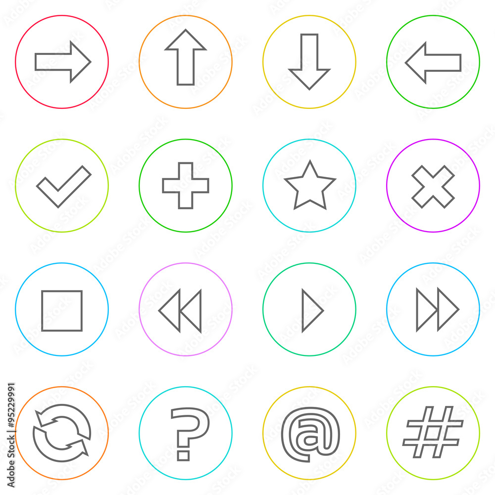 Poster navigation arrow contol thin line simple icons set colorful