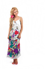 Beautiful young blond women with tropical dress, isolated