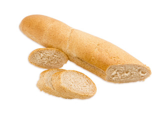 Long wheat bread with bran on a light background
