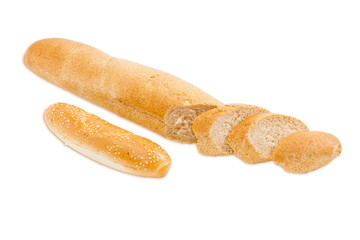 Long wheat bread with bran and bun with sesame seeds
