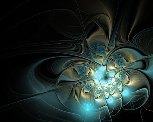 Abstract fractal design. Blue melting gold on black.