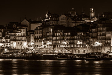 Overview of Old Town of Porto, Portugal at night.