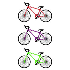 A set of three bicycles. Red, green purple.