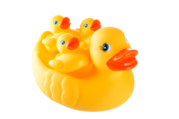 Rubber yellow duck family - mother duck and little ducky isolate