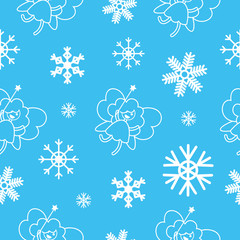 Vector seamless pattern with cartoon winter fairies in dresses from snowflakes on blue background.
